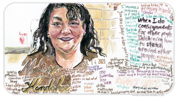 Watercolor portrait of Melissa with words